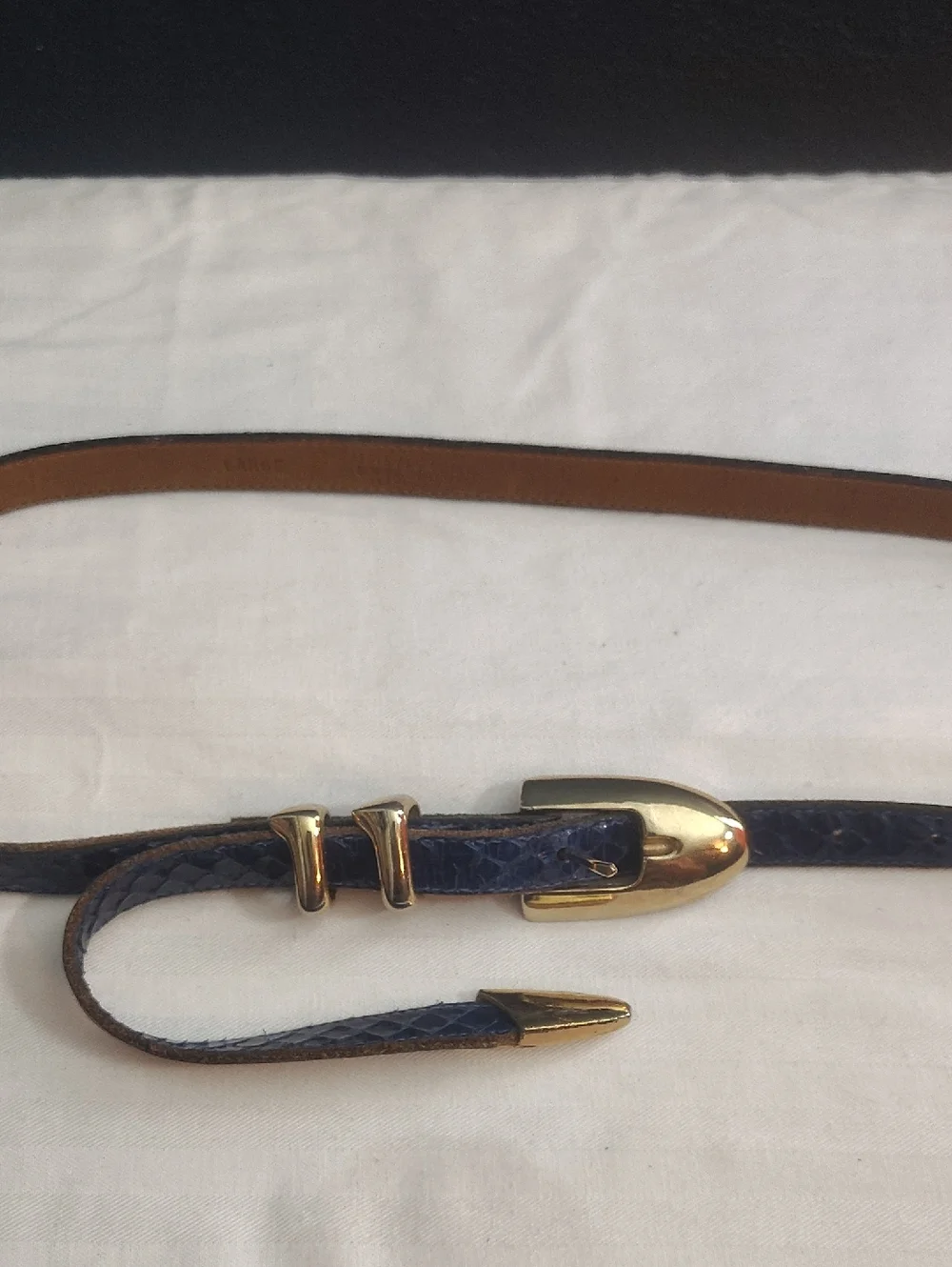 Apple Blue Vintage Snake-Embossed Leather Belt with Gold Buckle